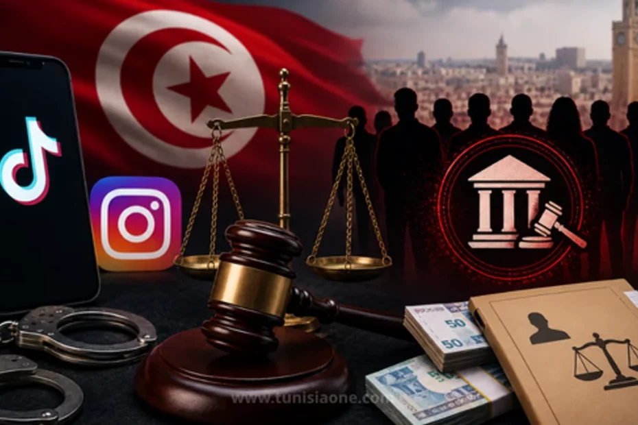 صورة تعبيرية تظهر رموز القضاء التونسي مع تطبيقات التواصل الاجتماعي مثل تيك توك وإنستغرام وخلفية لعلم تونس في إطار قضية تحقيق مع مؤثرين.