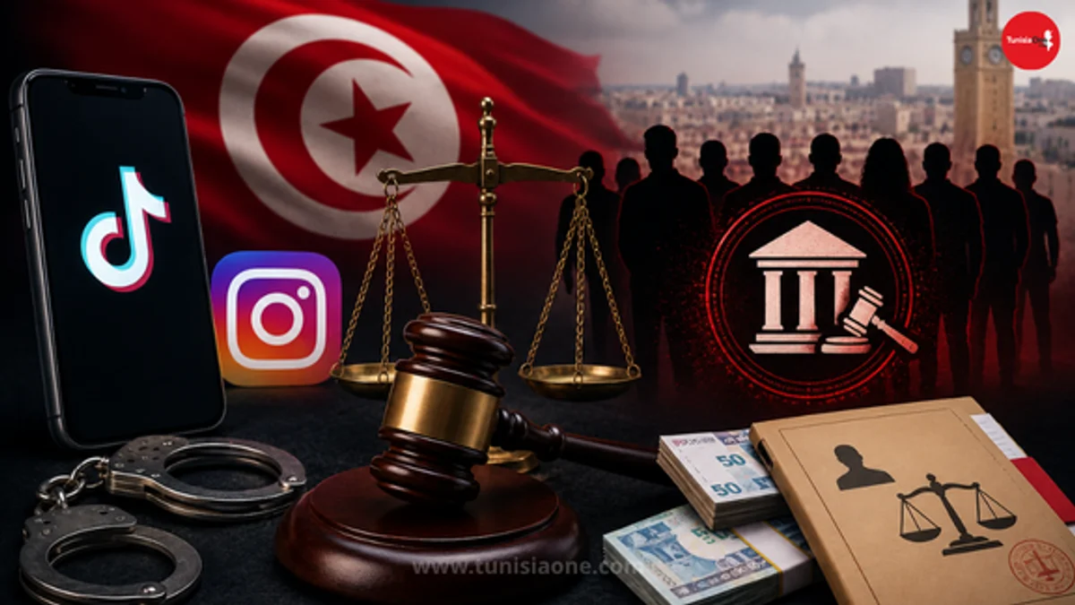 زلزال يهز منصات التواصل في تونس.. إحالة 18 "مؤثراً" على الدائرة الجنائية! صورة تعبيرية تظهر رموز القضاء التونسي مع تطبيقات التواصل الاجتماعي مثل تيك توك وإنستغرام وخلفية لعلم تونس في إطار قضية تحقيق مع مؤثرين.