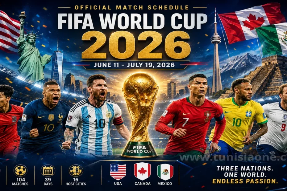 جدول مباريات كأس العالم 2026: المواعيد الكاملة وطريق المنتخبات العربية ملصق رسمي لجدول مباريات كأس العالم 2026، يضم الدول المستضيفة (أمريكا، كندا، المكسيك) وأبرز نجوم كرة القدم.