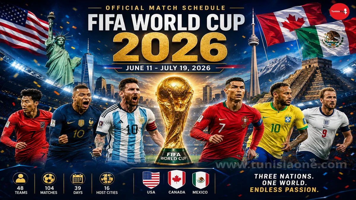 ملصق رسمي لجدول مباريات كأس العالم 2026، يضم الدول المستضيفة (أمريكا، كندا، المكسيك) وأبرز نجوم كرة القدم.