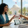 Un jeune étudiant tunisien reçoit un document de bourse officiel sur un campus universitaire ensoleillé, symbolisant le succès et l'obtention d'une bourse universitaire en Tunisie 2026.