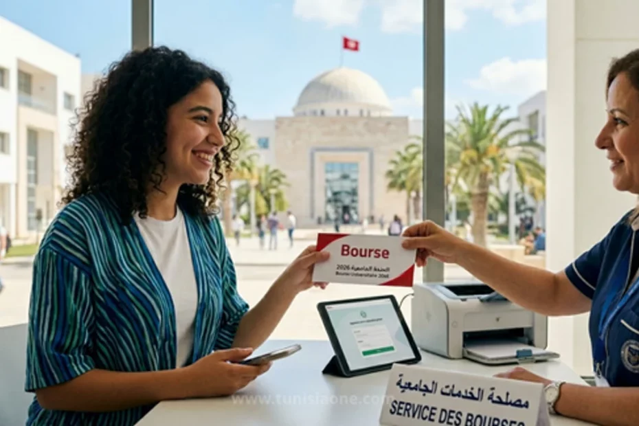 طالبة تونسية شابة تتلقى وثيقة منحة دراسية رسمية في حرم جامعي مشمس، مما يرمز إلى النجاح والحصول على منحة جامعية في تونس 2026.