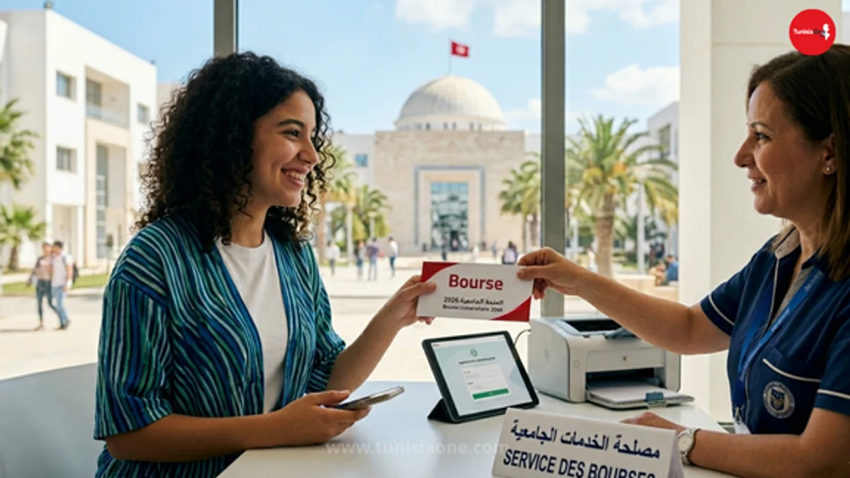 طالبة تونسية شابة تتلقى وثيقة منحة دراسية رسمية في حرم جامعي مشمس، مما يرمز إلى النجاح والحصول على منحة جامعية في تونس 2026.