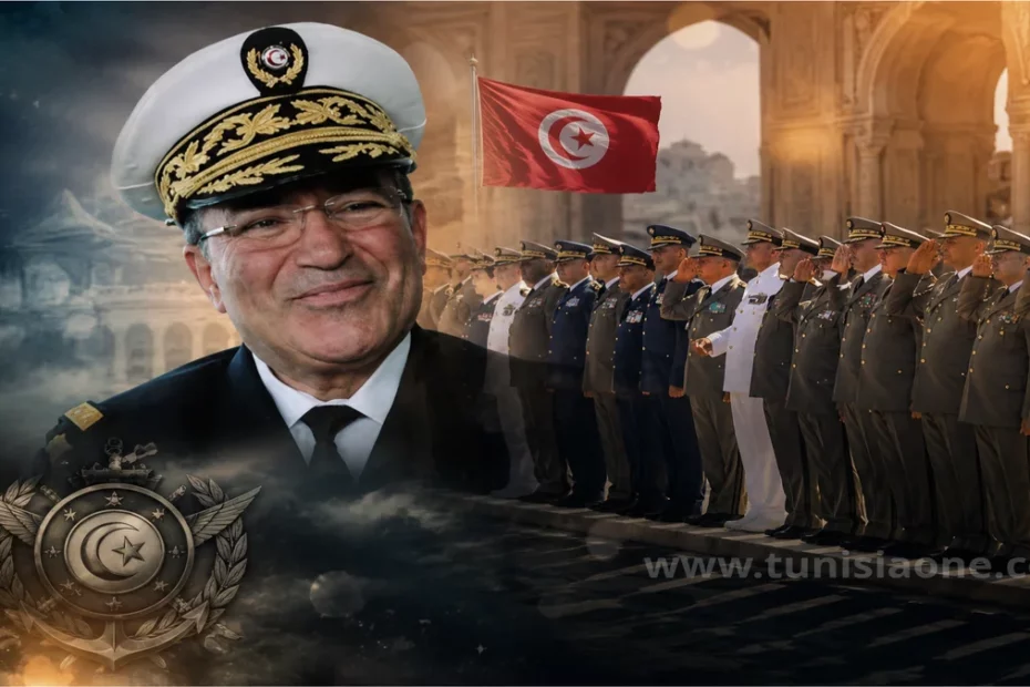 بيان وزارة الدفاع التونسية يثير الجدل.. 3 رسائل خفية يقرأها كمال العكروت صورة تعبيرية تجمع الأميرال كمال العكروت وعناصر من الجيش التونسي في خلفية رسمية ترمز إلى بيان وزارة الدفاع التونسية وحياد المؤسسة العسكرية.