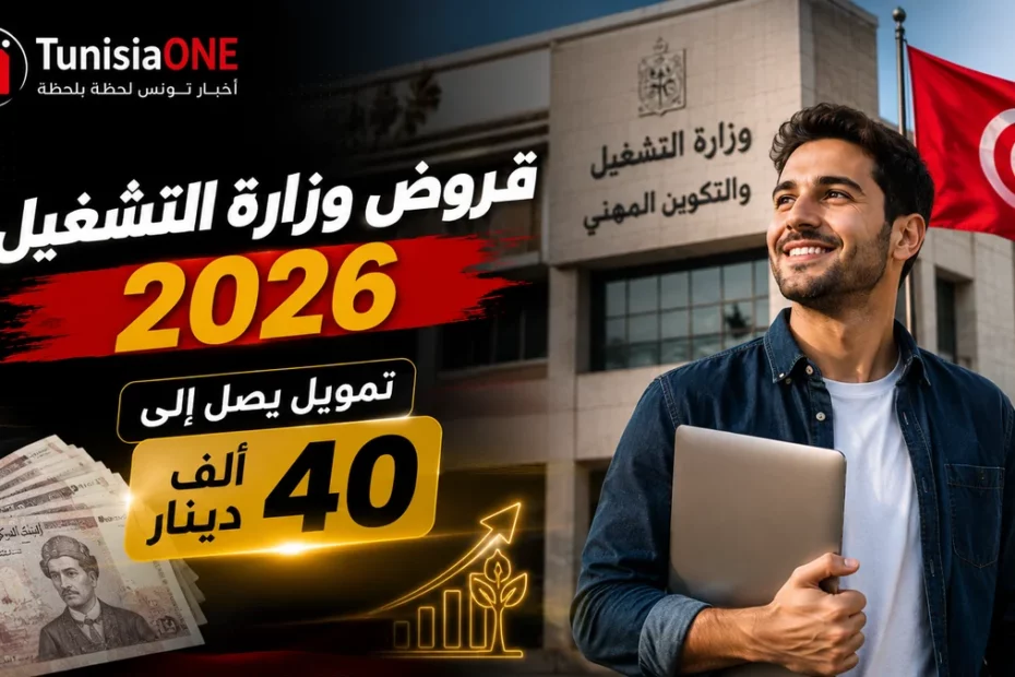 قروض وزارة التشغيل 2026: تمويل يصل إلى 40 ألف دينار وشروط التسجيل صورة توضيحية لقروض وزارة التشغيل 2026 في تونس، تظهر شاباً حاملاً حاسوباً أمام مبنى الوزارة مع إبراز تمويل يصل إلى 40 ألف دينار لدعم المشاريع الصغرى وريادة الأعمال.