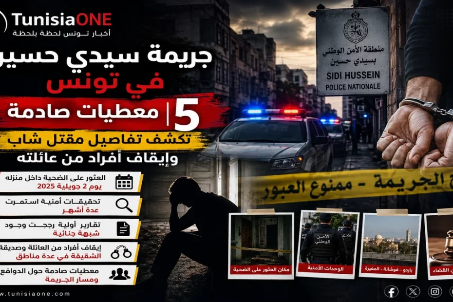 صورة تعبيرية عن جريمة سيدي حسين في تونس تظهر عناصر أمنية وتحقيقات قضائية مع إشارة إلى تطورات قضية مقتل شاب وتورط أفراد من عائلته وفق المعطيات الأولية للأبحاث.