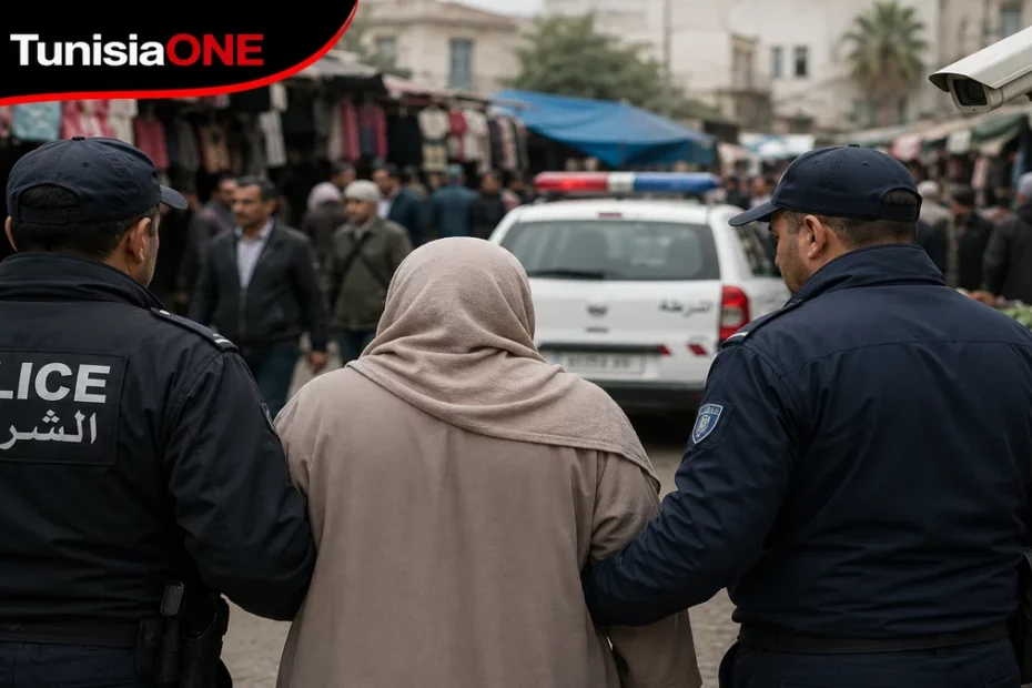 صورة تعبيرية لامرأة ترافقها قوات الأمن في أحد الأسواق التونسية، في سياق خبر توقيف مشتبه بها في قضايا النشل والسرقة بعد سنوات من النشاط، دون الإشارة إلى هويتها الحقيقية.