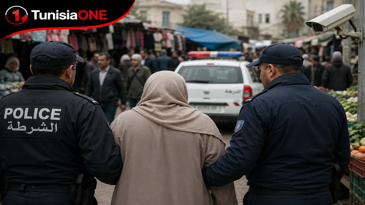 صورة تعبيرية لامرأة ترافقها قوات الأمن في أحد الأسواق التونسية، في سياق خبر توقيف مشتبه بها في قضايا النشل والسرقة بعد سنوات من النشاط، دون الإشارة إلى هويتها الحقيقية.