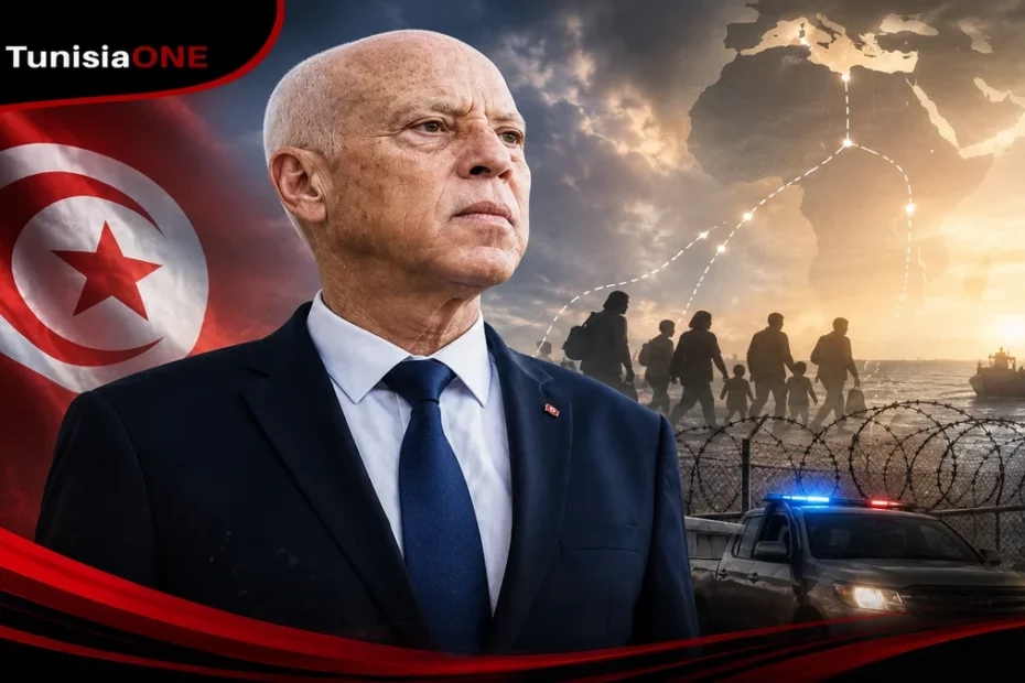 صورة تعبيرية للرئيس قيس سعيد مع العلم التونسي ورموز الأمن والهجرة غير النظامية، تجسد جهود تونس في حماية الحدود ومكافحة شبكات تهريب المهاجرين الأفارقة.