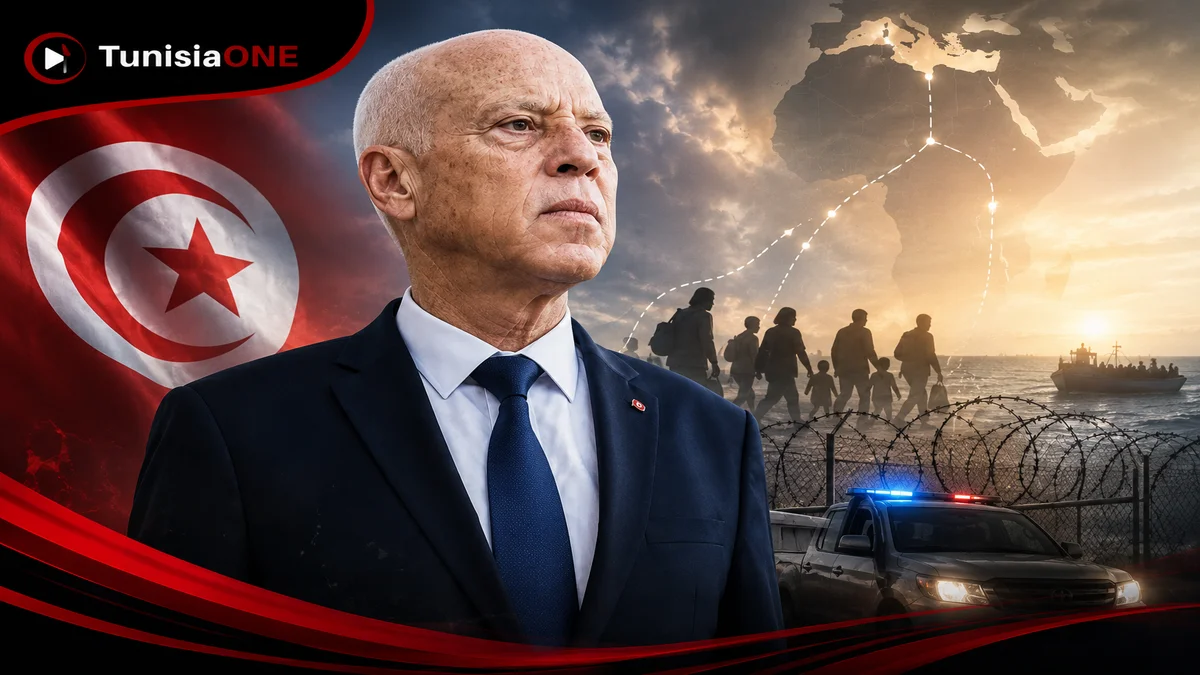 قيس سعيد : 4 إجراءات للحد من هجرة الأفارقة غير النظامية الى تونس صورة تعبيرية للرئيس قيس سعيد مع العلم التونسي ورموز الأمن والهجرة غير النظامية، تجسد جهود تونس في حماية الحدود ومكافحة شبكات تهريب المهاجرين الأفارقة.
