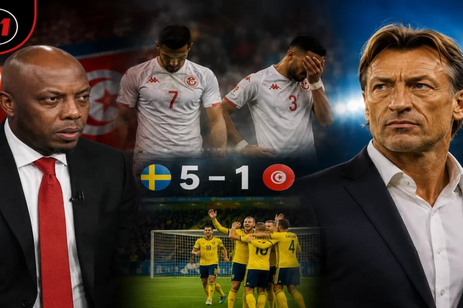 حاتم الطرابلسي يهاجم المنتخب التونسي بعد هزيمة السويد 5-1 وهيرفي رونار مدرباً جديداً حاتم الطرابلسي وهنري رونار خلال أزمة المنتخب التونسي بعد الخسارة 5-1 أمام السويد في كأس العالم 2026
