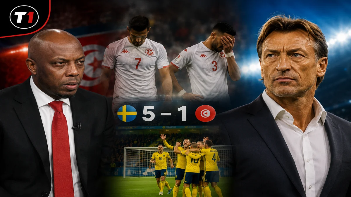 حاتم الطرابلسي يهاجم المنتخب التونسي بعد هزيمة السويد 5-1 وهيرفي رونار مدرباً جديداً حاتم الطرابلسي وهنري رونار خلال أزمة المنتخب التونسي بعد الخسارة 5-1 أمام السويد في كأس العالم 2026