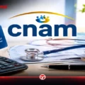 Illustration of CNAM medical expense reimbursement in Tunisia, showing a CNAM card, medical documents, a stethoscope, and a calculator.