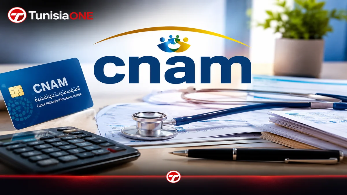 صورة توضيحية لخدمة استرجاع مصاريف الكنام CNAM في تونس، تظهر بطاقة الكنام ووثائق طبية وسماعة طبيب وآلة حاسبة.