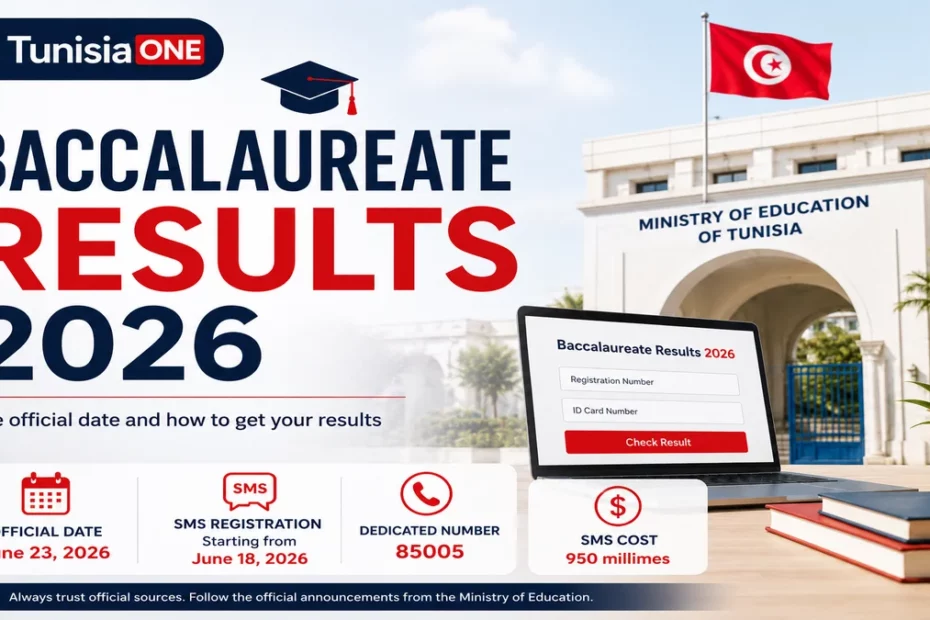 نتائج البكالوريا 2026 في تونس: الموعد الرسمي ورابط الاستعلام وخدمة SMS Illustration of Tunisia Baccalaureate Results 2026 featuring the Ministry of Education building, online result checking portal, and SMS service information.