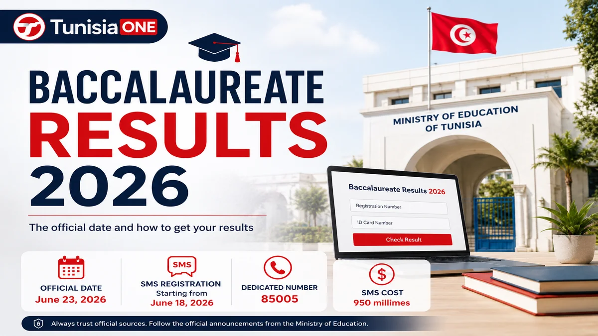 Illustration of Tunisia Baccalaureate Results 2026 featuring the Ministry of Education building, online result checking portal, and SMS service information.