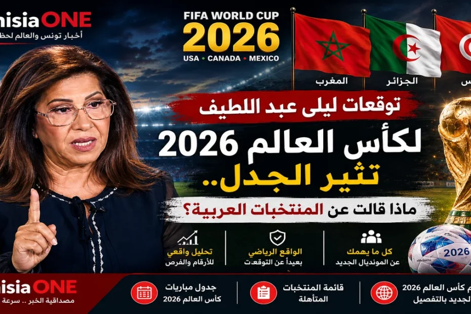 توقعات ليلى عبد اللطيف لكأس العالم 2026 تثير الجدل.. هل تساعد القرعة المنتخبات العربية على تحقيق المفاجأة؟ ليلى عبد اللطيف وكأس العالم 2026 مع أعلام المغرب والجزائر وتونس وتحليل فرص المنتخبات العربية في المونديال.