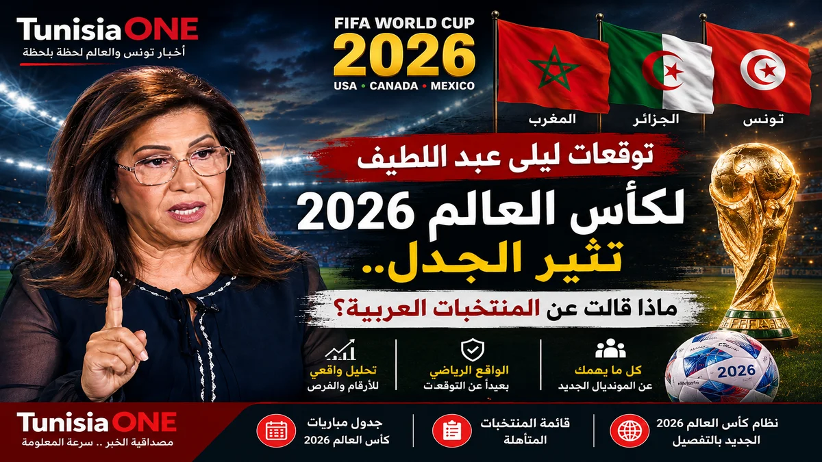 توقعات ليلى عبد اللطيف لكأس العالم 2026 تثير الجدل.. هل تساعد القرعة المنتخبات العربية على تحقيق المفاجأة؟ ليلى عبد اللطيف وكأس العالم 2026 مع أعلام المغرب والجزائر وتونس وتحليل فرص المنتخبات العربية في المونديال.