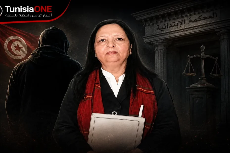 صورة حصرية لـ TunisiaONE تُظهر المحامية الراحلة منجية المناعي وهي تحمل ملفاً، وفي الخلفية مبنى المحكمة الابتدائية بتونس وشخصية غامضة، في قضية مقتل المحامية على يد ابنها
