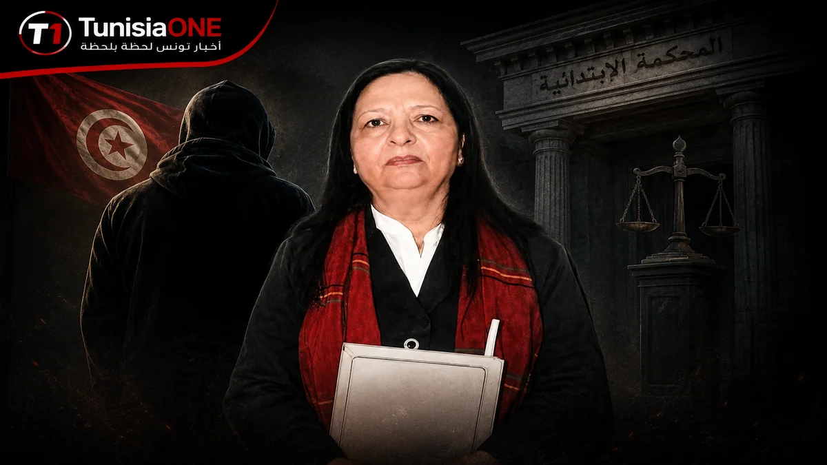 صورة حصرية لـ TunisiaONE تُظهر المحامية الراحلة منجية المناعي وهي تحمل ملفاً، وفي الخلفية مبنى المحكمة الابتدائية بتونس وشخصية غامضة، في قضية مقتل المحامية على يد ابنها
