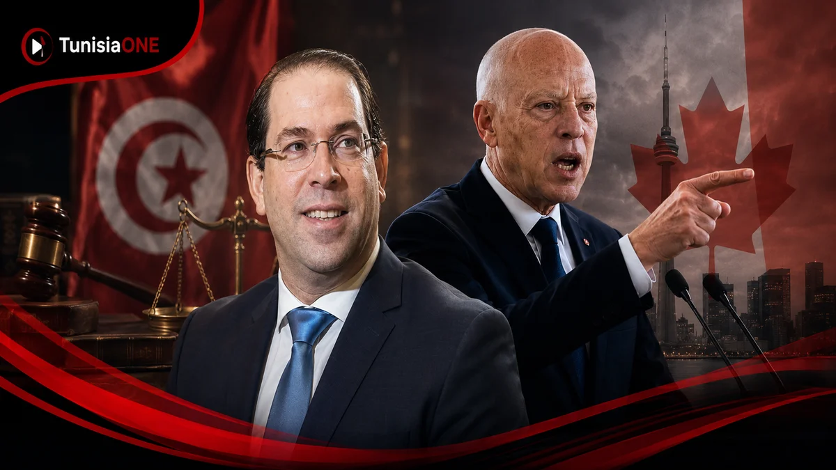 صورة تعبيرية ليوسف الشاهد مع رموز العدالة وكندا وشعار TunisiaONE، توضح الجدل حول شائعة إيقافه في كندا والملفات القضائية المرتبطة باسمه.