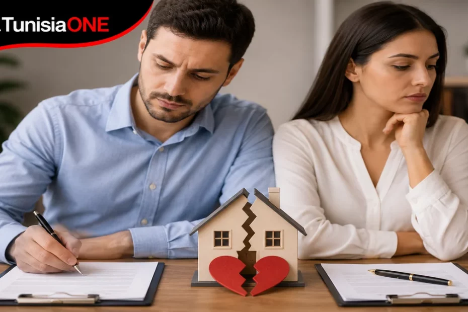 Illustrative image of a married couple signing legal documents to terminate the community property regime in Tunisia, in accordance with Tunisian law and legal procedures.