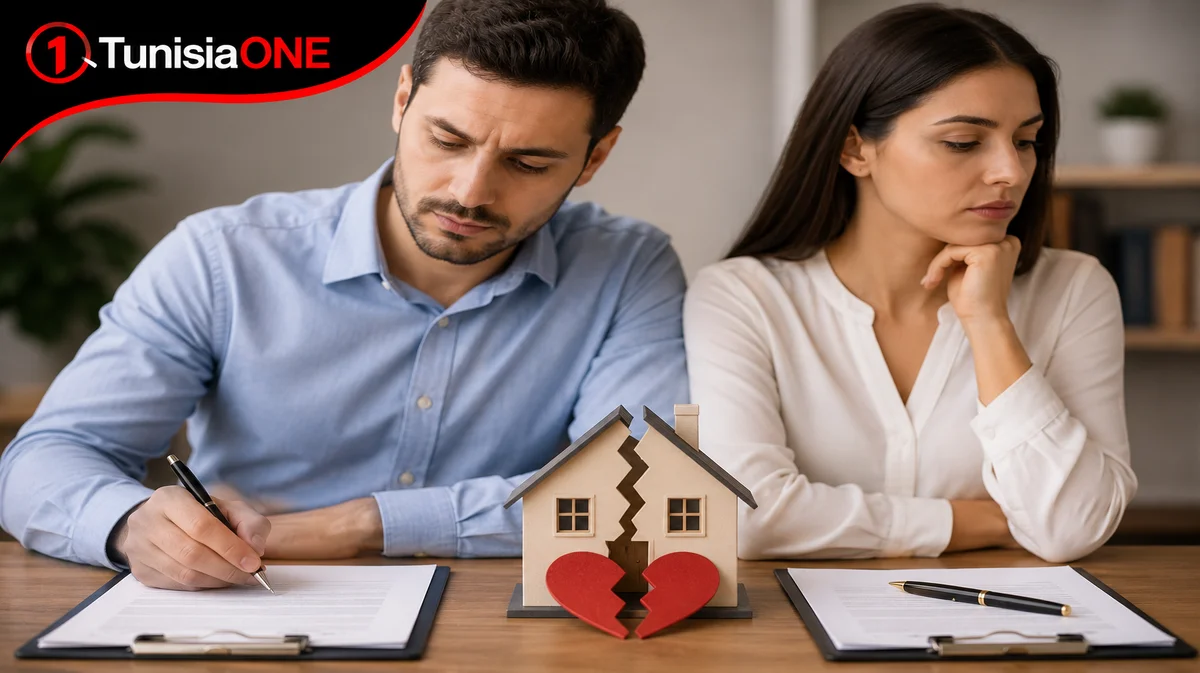 How to Cancel the Community Property Regime Between Spouses in Tunisia? A Complete Legal Guide Illustrative image of a married couple signing legal documents to terminate the community property regime in Tunisia, in accordance with Tunisian law and legal procedures.
