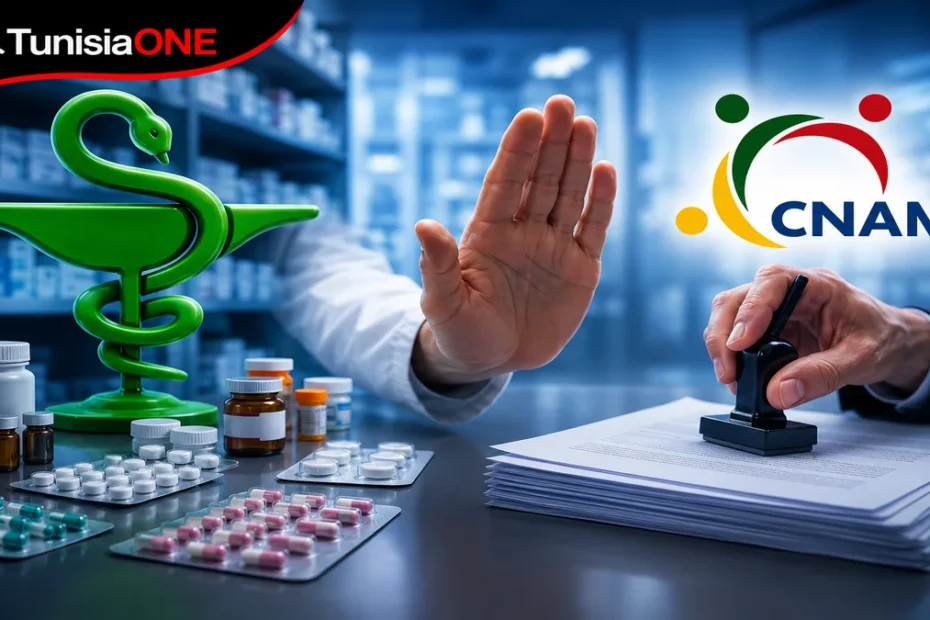 صورة تعبيرية عن أزمة الكنام في تونس وإيقاف الصيدليات الخاصة قبول وصفات التأمين على المرض، مع ظهور شعار الكنام ورمز الصيدلة.