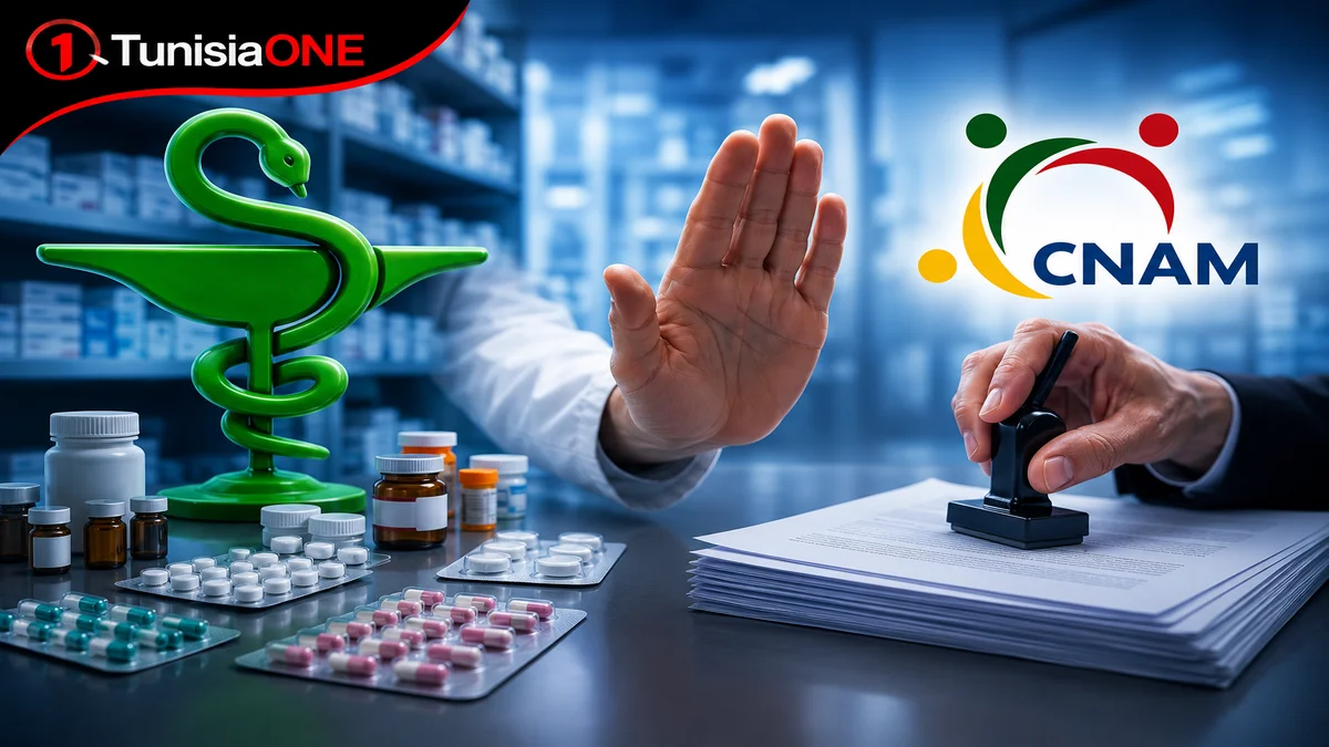 أزمة الكنام والصيدليات في تونس 2026: لماذا أوقفت الصيدليات قبول الوصفات؟ وهل سيتأثر المرضى؟ صورة تعبيرية عن أزمة الكنام في تونس وإيقاف الصيدليات الخاصة قبول وصفات التأمين على المرض، مع ظهور شعار الكنام ورمز الصيدلة.