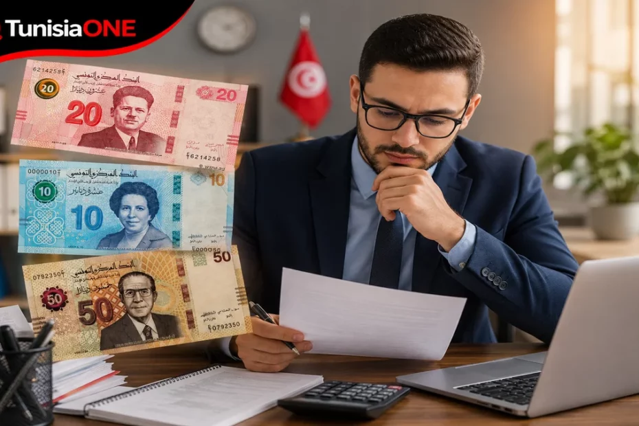 Tunisian banknotes of 10, 20 and 50 dinars illustrating salary increases for public sector employees in Tunisia, highlighting the official date and amount of the second salary increase installment