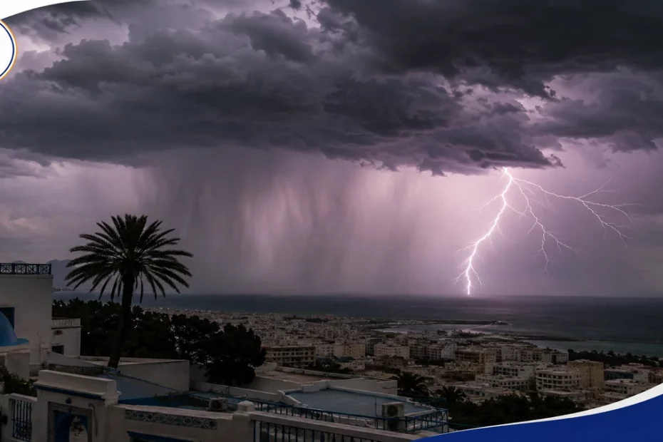صورة توضيحية لعاصفة رعدية قوية فوق مدينة تونس مع سحب ركامية كثيفة وبرق وأمطار غزيرة، تعبر عن حالة الطقس والتحذيرات الجوية في تونس.