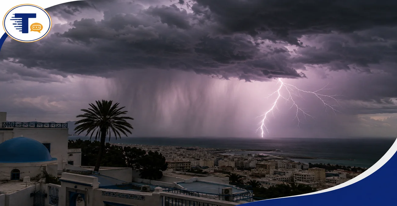 تنبيه جوي: عواصف رعدية مرتقبة بعد ظهر الأربعاء في عدة ولايات تونسية.. هذه المناطق معنية أكثر من غيرها صورة توضيحية لعاصفة رعدية قوية فوق مدينة تونس مع سحب ركامية كثيفة وبرق وأمطار غزيرة، تعبر عن حالة الطقس والتحذيرات الجوية في تونس.